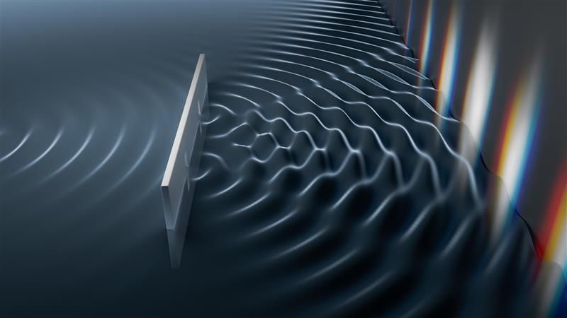 3D render of the double-slit experiment in grey