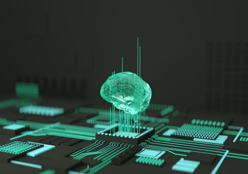 An illustration showing a green lit up grid on a dark background with the shape of  human brain appearing to rise out of the grid to show AI 