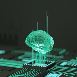 An illustration showing a green lit up grid on a dark background with the shape of human brain appearing to rise out of the grid to show AI