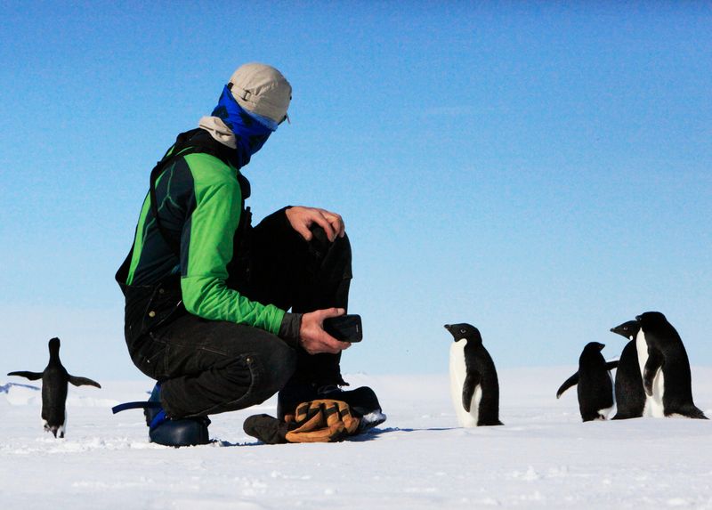 Penguins in Antarctica surround a photographer scientists