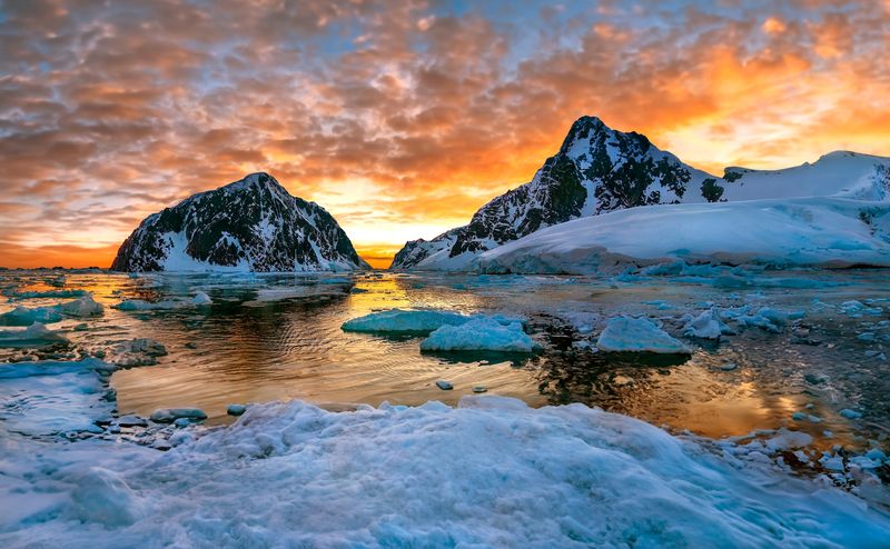 Midnight Sun near the Lamaire Channel on the Antarctic Peninsula, Antarctica