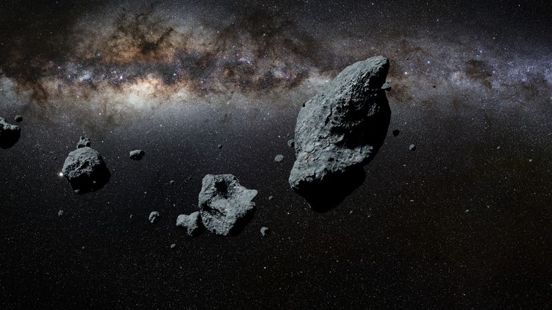 3D renders of several asteroids with the milky way as a back ground