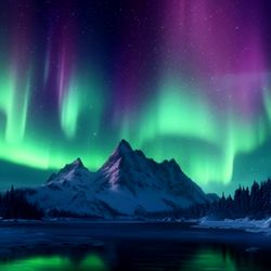 An extraordinary aurora is visible in the sky over a lonely snow covered mountain and partially reflected in a lake 