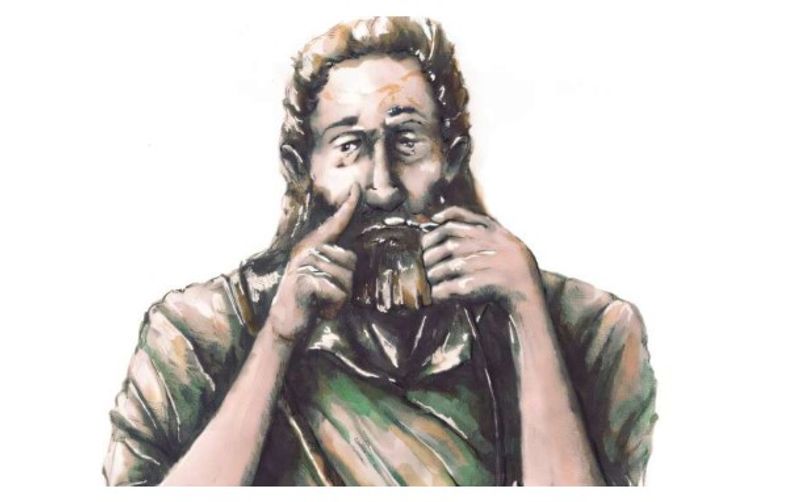 A Barbarian warrior sniffing drugs from a spoon