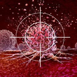 3D illustration of cancerous tumors with a crosshair over one of them to indicate targeted treatments