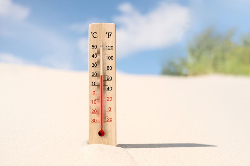 wooden thermometer with red scale showing celsius and fahrenheit, sitting in white sand on a beach