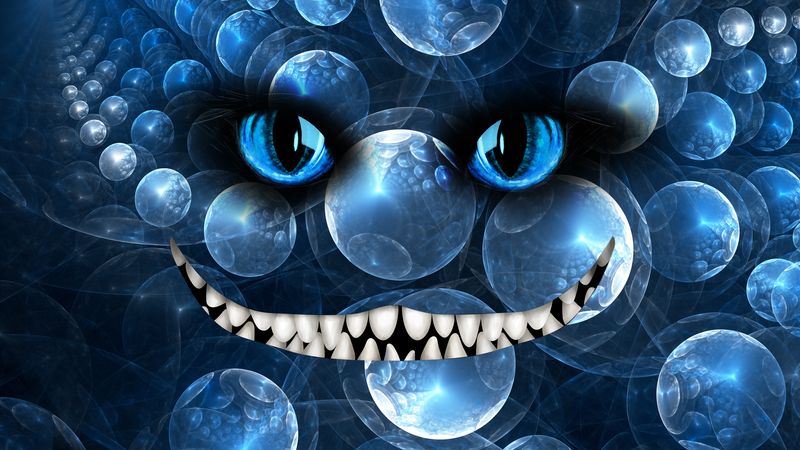 the eyes and grin of a cheshire cat overimposed on a 3d render of an artistic backgropund inspired by quantum mechanics