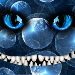 the eyes and grin of a cheshire cat overimposed on a 3d render of an artistic backgropund inspired by quantum mechanics