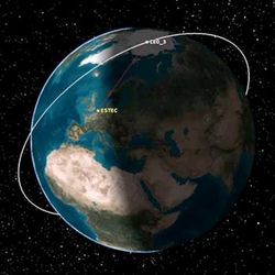 Two digital images side-by-side. The first shows the earth with a line running across it indicated the trajectory of the satellite. The second image provides a closer up image of the line as it passes above the UK, through the Atlantic Ocean and off towards the arctic.