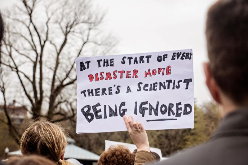 A protestor holds up a cardboard signs saying "At the start of every disaster movie there's a scientist being ignored". The words "disaster movie" are written in red, while the rest of the text is written in black. The photo puts the sign in the centre of the image, with the backs of a few people's heads in the foreground. In the background, a leafless tree is visible suggesting the photo was taken in winter. 