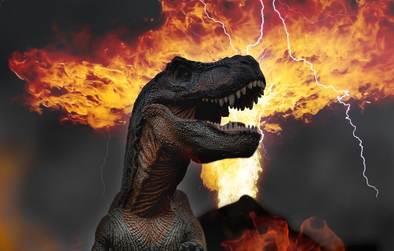 Dinosaur in foreground, erupting volcano and lightning in the background