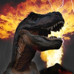 Dinosaur in foreground, erupting volcano and lightning in the background