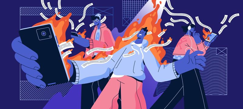 A cartoon of people doomscrolling through viral internet culture.