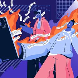 A cartoon of people doomscrolling through viral internet culture.