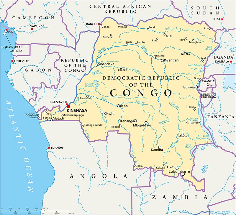 A map of the Democratic Republic of the Congo in Africa.