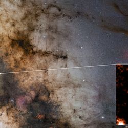 An image of the milky way as it is visible in the sky, with an zoomed in inset showing the location of Sagittarius A* and in the same field of view the new system