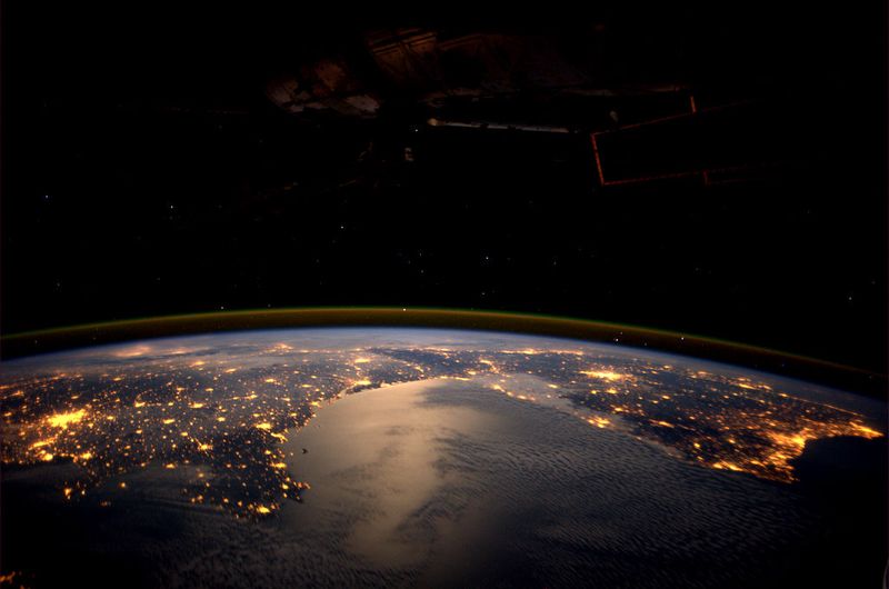 European lights seen by astronaut André Kuipers from ISS. Portugal is to the right of the image, while Paris is the glowing light on the left.