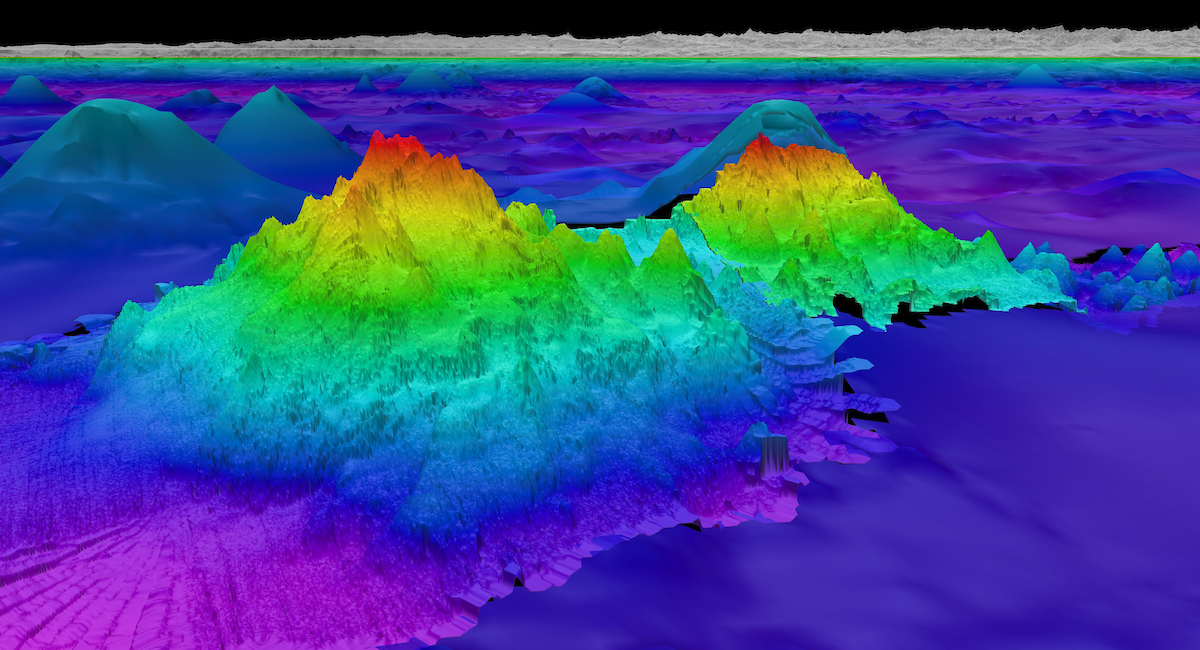 The largest of the four seamounts recently discovered by Schmidt Ocean Institute experts is 2,681 meters (8,796 feet) tall. The largest of the four seamounts recently discovered by Schmidt Ocean Institute experts is 2,681 meters (8,796 feet) tall.