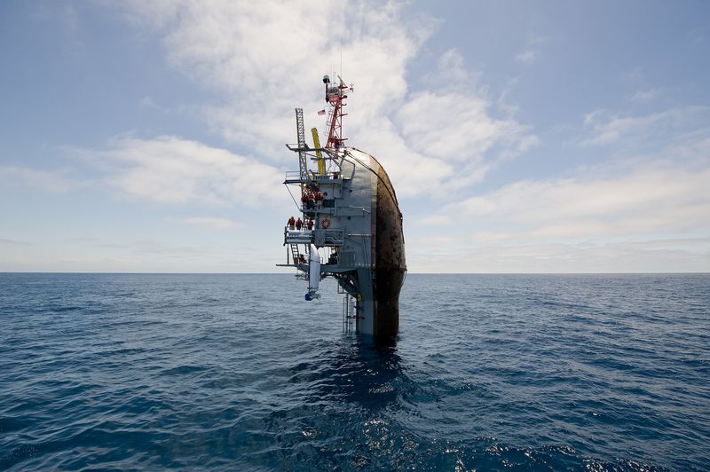 The FLoating Instrument Platform, or FLIP, in its vertical position with 90 meters (300 feet) of its body submerged.  
