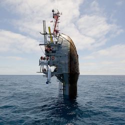 The FLoating Instrument Platform, or FLIP, in its vertical position with 90 meters (300 feet) of its body submerged.  