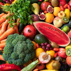 top-down view of a colorful variety of fruits and vegetables