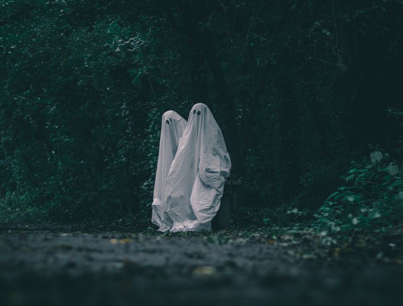 Two people dressed as ghosts with sheets and eye cut outs in a dark wood