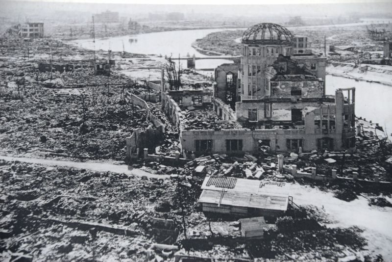 Ruins of city in the aftermath of the atomic bombing of Hiroshima on August 6, 1945.