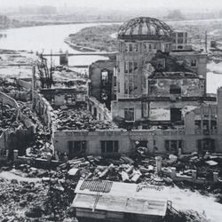 Ruins of city in the aftermath of the atomic bombing of Hiroshima on August 6, 1945.