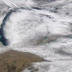 Taken from the MODIS instrument on the Aqua satellite, this true color image of Great Lakes was taken on January 10, 2022 at 18:20 (UTC) 1:20 PM in local time. This image shows Lake effect snow ocurring in every lake in the Great Lakes.