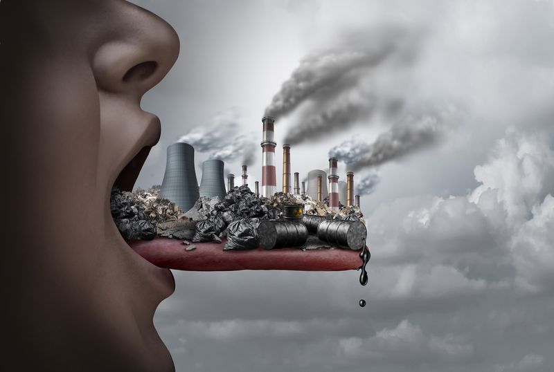 3D illustration of human face looking towards the right with the tongue sticking out, sitting on which are power stations, towers releasing smoke and fumes, barrels of oil, and other waste to show the risk to human health from environmental pollutants