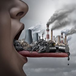 3D illustration of human face looking towards the right with the tongue sticking out, sitting on which are power stations, towers releasing smoke and fumes, barrels of oil, and other waste to show the risk to human health from environmental pollutants
