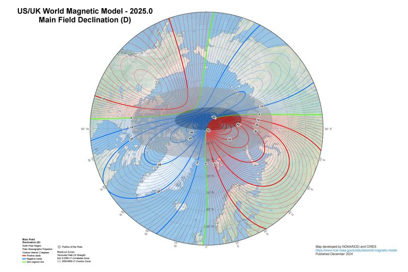 A map show the north dip magnetic pole (showed by a bold white asterisk) is now closer to Siberia than it is to Canada.