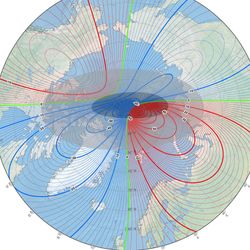 A map show the north dip magnetic pole (showed by a bold white asterisk) is now closer to Siberia than it is to Canada.