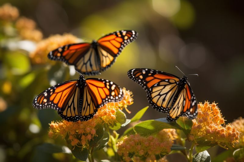 close up photograph of three monarch butterflies flying near some milkweed