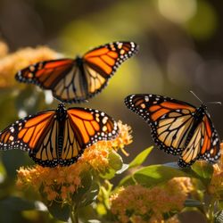 close up photograph of three monarch butterflies flying near some milkweed