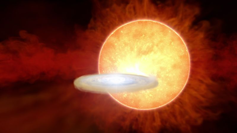 a orange sphere representing the red giant is in the background with the white dwarf tiny and surrounded by a flat disk is in the foreground 