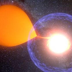 A white dwarf is seen going nova, by syphoning material from a nearby star, the x-ray is shown as a purple spherical shell around the white dwarf
