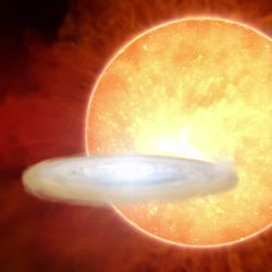 a orange sphere representing the red giant is in the background with the white dwarf tiny and surrounded by a flat disk is in the foreground 