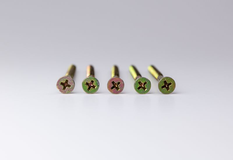 Five Phillips head screws lined up in a row on white background
