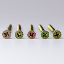 Five Phillips head screws lined up in a row on white background