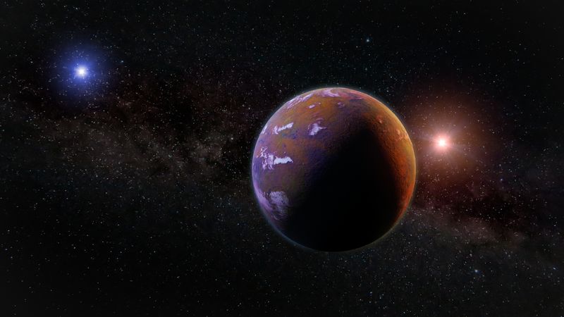 3d space rendering of an exoplanet part of an alien binary star system with a red and blue star 