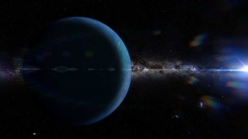 the hypothetical planet nine in front the Milky Way galaxy and lit by the Sun (3d illustration)