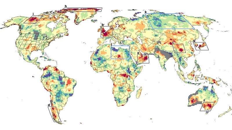 Map of the world showing areas with higher observed warming levels than expected.