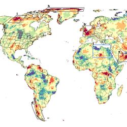 Map of the world showing areas with higher observed warming levels than expected.