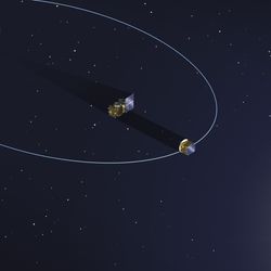 The two spacecraft are shown on the suny side of the earth, with one casting a shadow on the other. The Earth is shown as enormous and the Sun incredibly closer than it actuall is