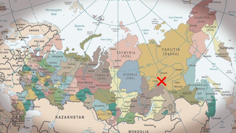 a map of russia with a red X around a location at the southern border of Yakuta