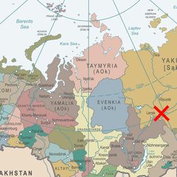 a map of russia with a red X around a location at the southern border of Yakuta