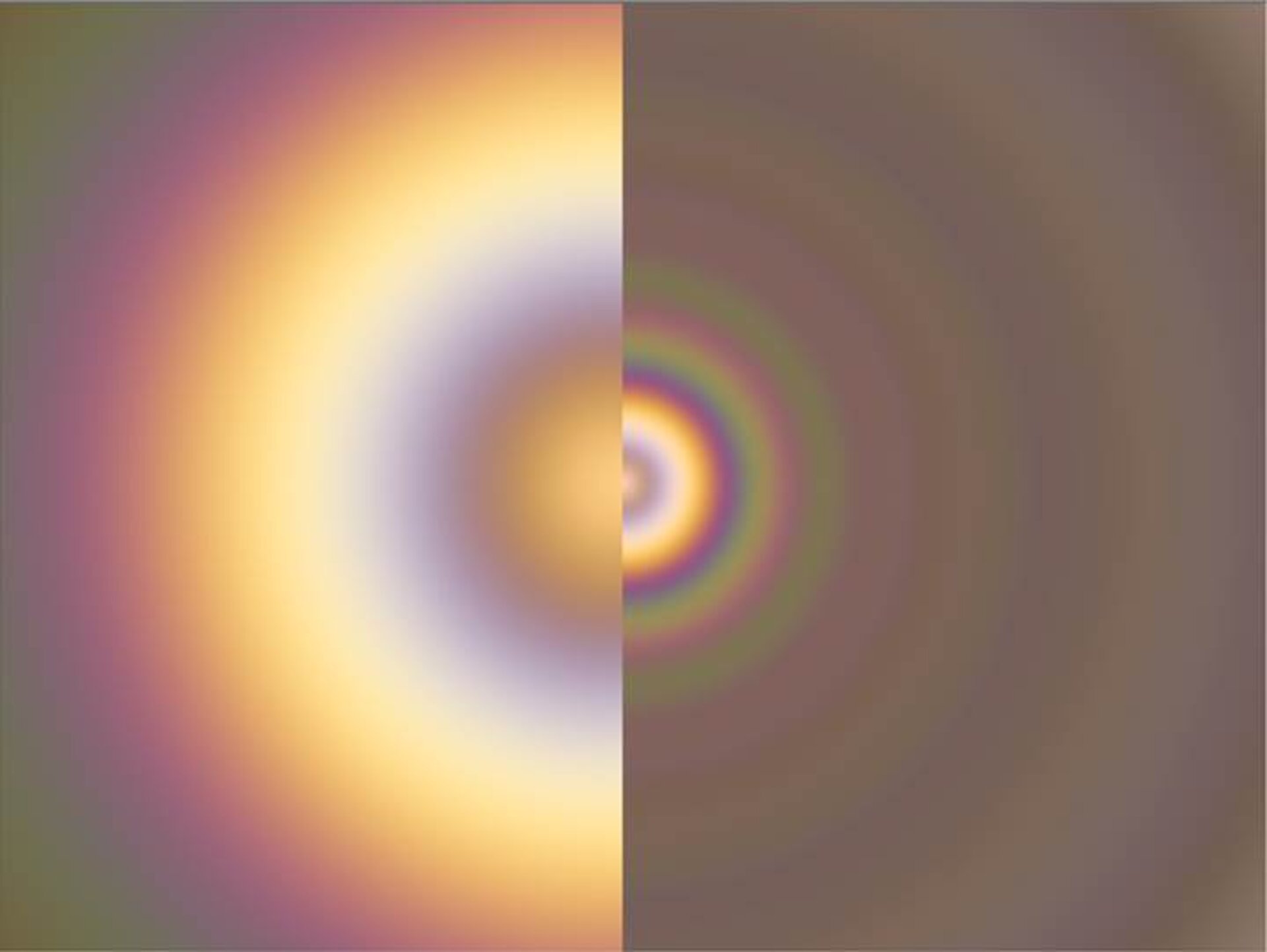 A comparison of the glories on Venus (left) and Earth would look if visible with equipment that can see the colors. The difference in ring size reflects the much smaller droplets are in Venus's atmosphere. A comparison of the glories on Venus (left) and Earth would look if visible with equipment that can see the colors. The difference in ring size reflects the much smaller droplets are in Venus's atmosphere.