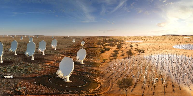 Artist impressions of the antennae in south africa and in australia merged in a single image. The former are traditional white dishes pointing at the sky. The latter are small triangular wire sitting in little "forests"