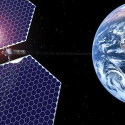 Concept of orbital solar power plant that converts sunlight into microwave radiation that is sent to a receiver on Earth. Two exagonal solar arrays are in sunlight while spacecrat is in the middle beeming radio waves to earth